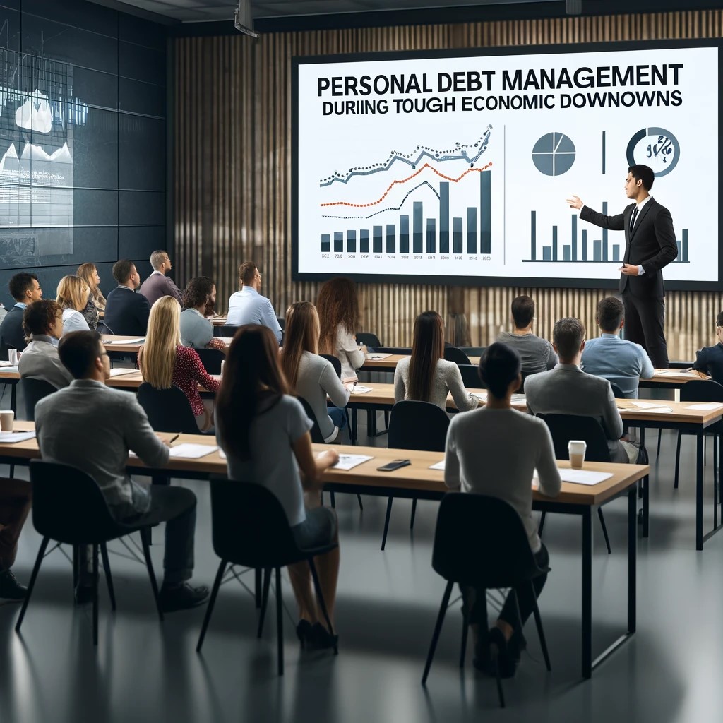 DALL·E 2024-06-17 20.46.06 - A modern financial seminar focused on personal debt management during economic downturns. The seminar features a diverse audience of individuals atten