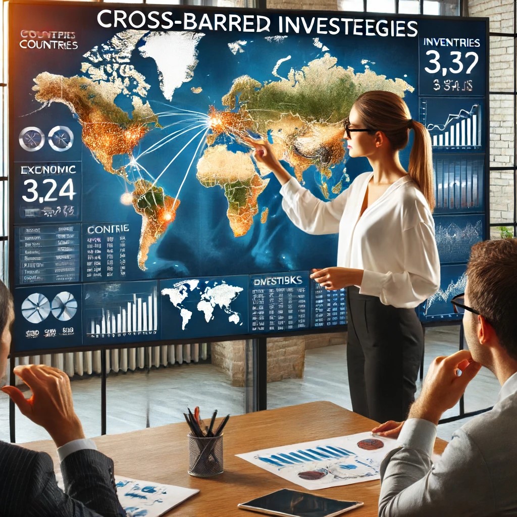 DALL·E 2024-06-16 18.29.24 - A financial advisor presenting cross-border investment strategies to clients using an interactive map on a large touchscreen. The map highlights vario