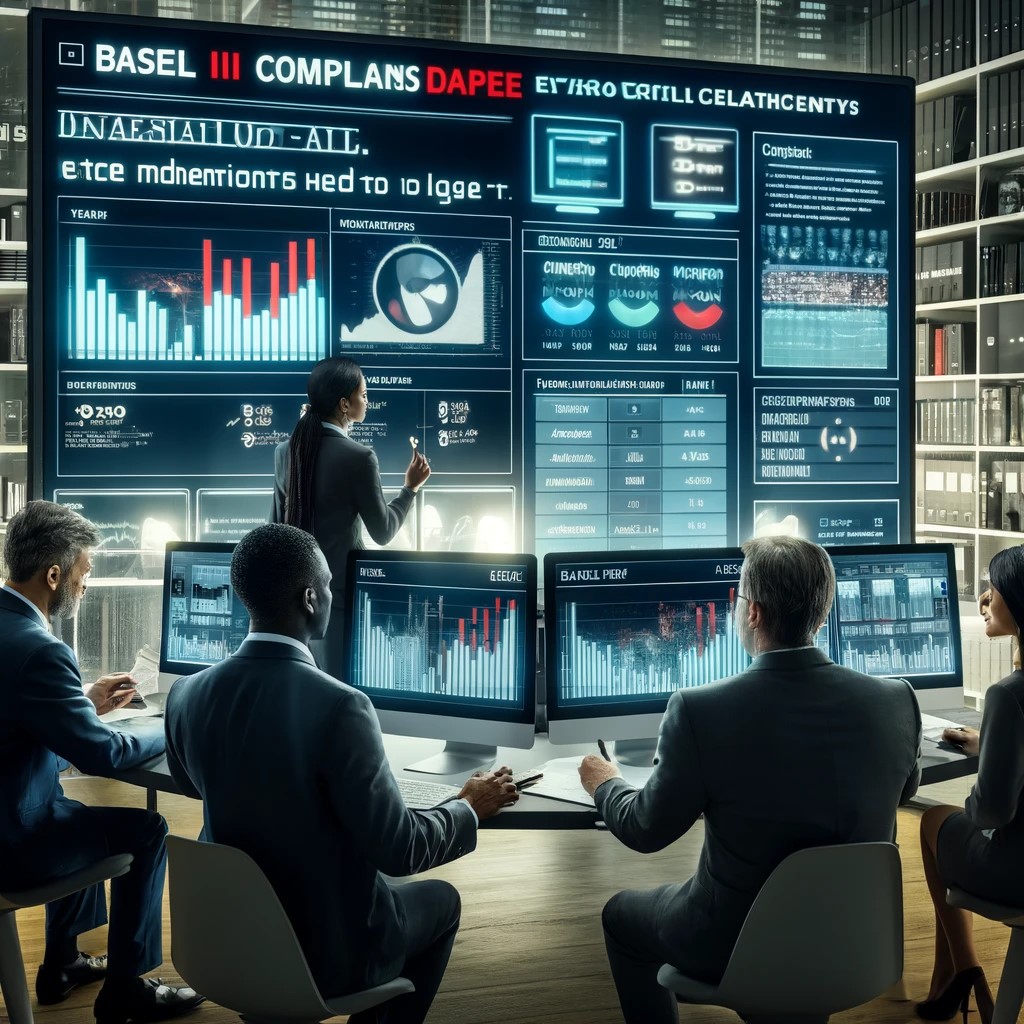 DALL·E 2024-06-16 21.42.59 - A financial regulatory agency's office where experts are reviewing Basel III compliance data. The scene shows a detailed setup with multiple monitors 