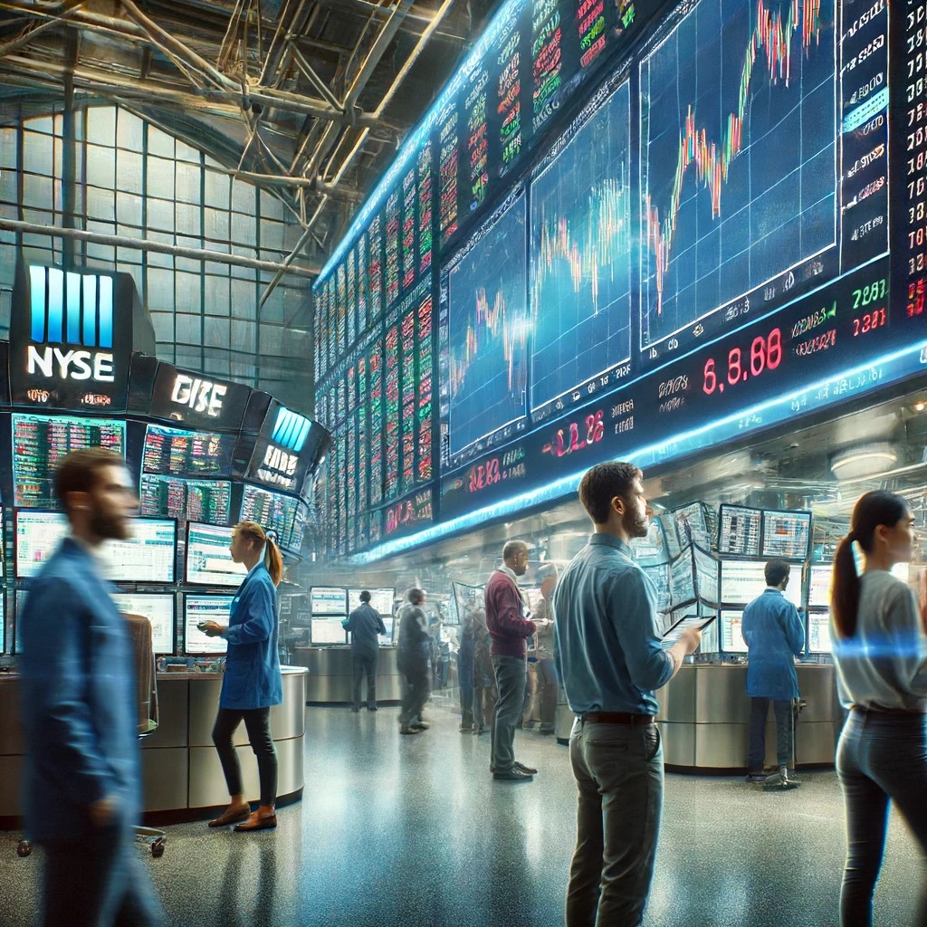 DALL·E 2024-06-17 21.35.31 - A bustling modern stock exchange floor with traders and large digital screens showing real-time market data. The scene captures the intense atmosphere