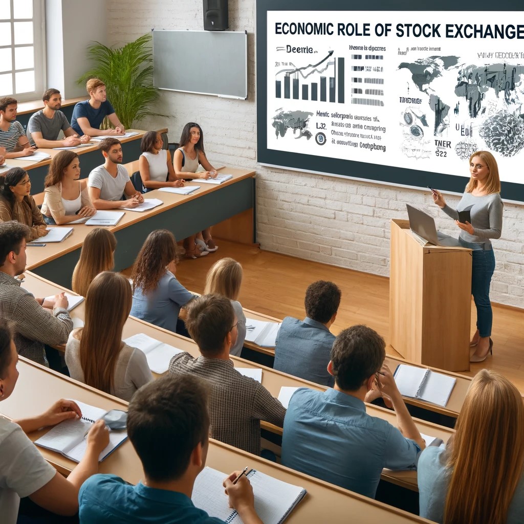 DALL·E 2024-06-17 21.35.34 - An educational seminar on the economic role of stock exchanges, held in a university lecture hall. The seminar features a financial expert, a Caucasia