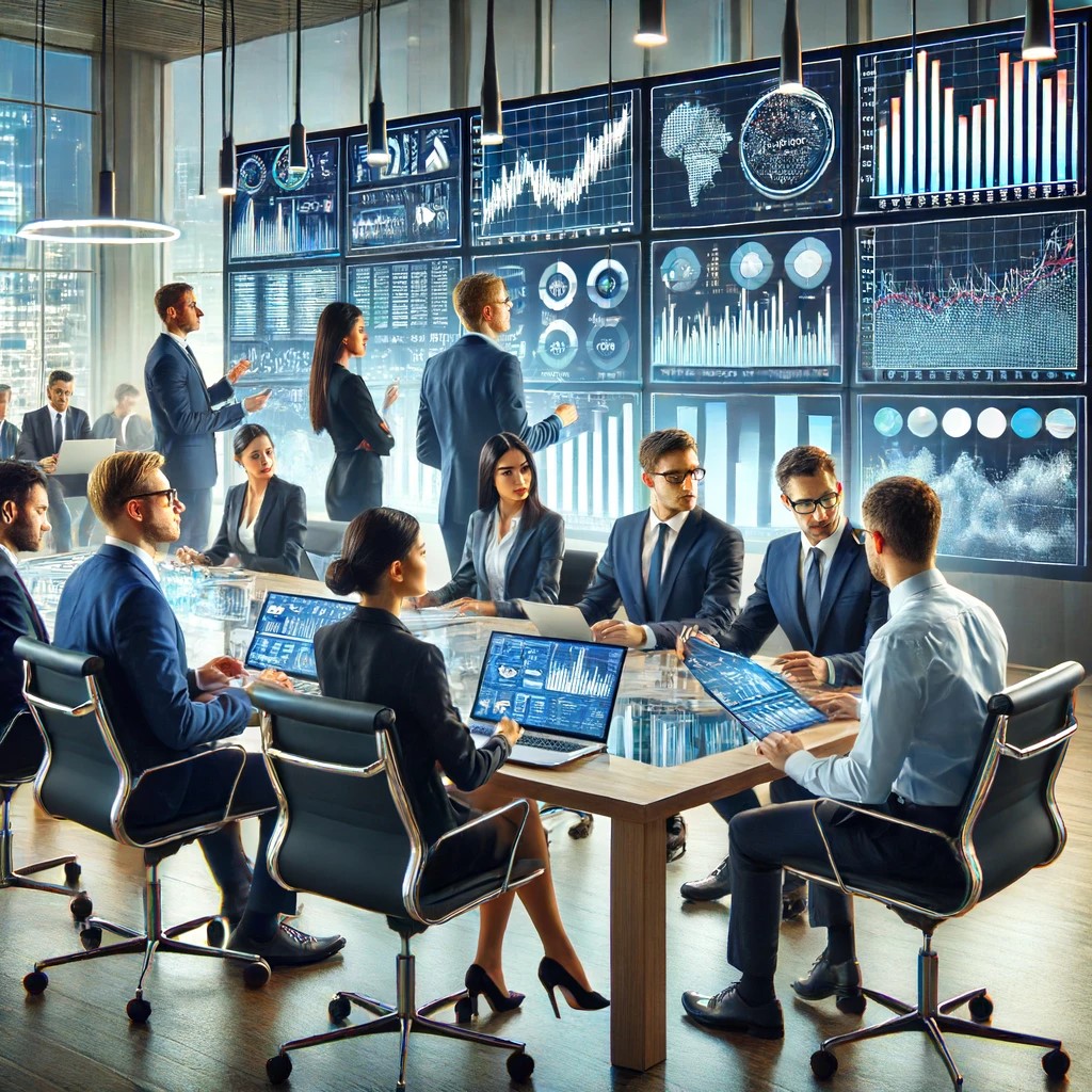 DALL·E 2024-06-16 19.07.23 - A professional conference room where a team of actuaries are analyzing financial data on multiple screens. The actuaries, a diverse group of men and w