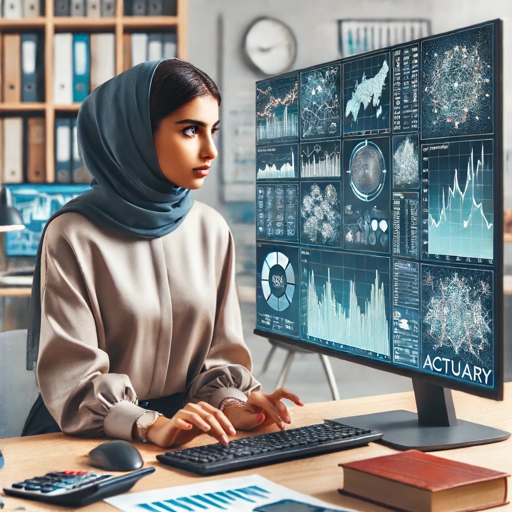 DALL·E 2024-06-16 19.07.25 - An actuary working in a modern office, deeply focused on a large monitor displaying complex financial charts and risk models. The scene shows a young 