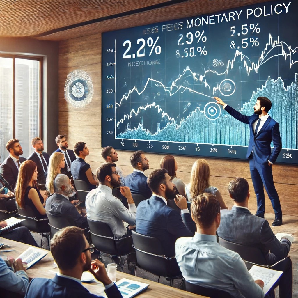 DALL·E 2024-06-15 21.00.36 - A financial seminar where an economist is explaining the effects of monetary policy on savings and investments to a diverse audience. The setting is a