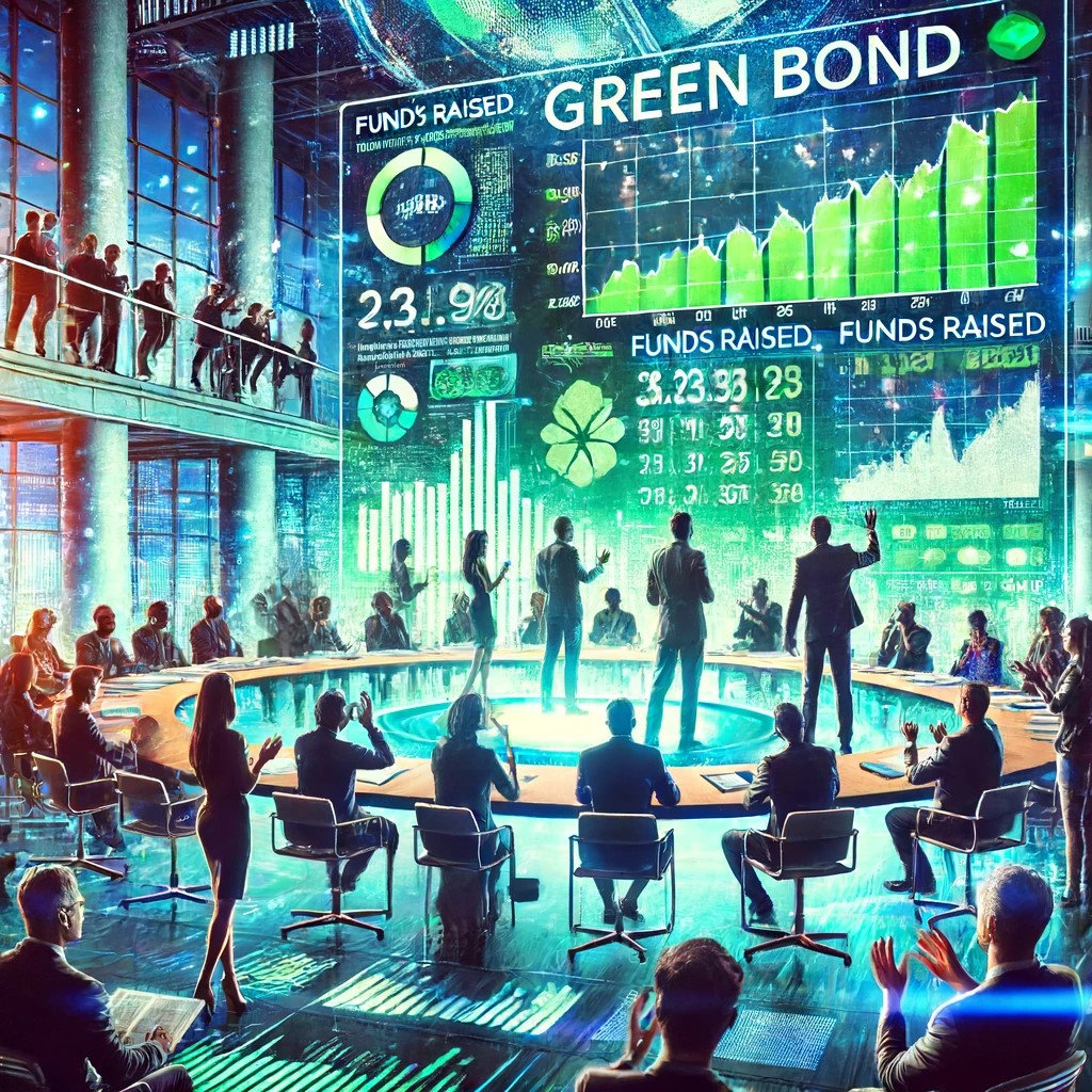 DALL·E 2024-06-15 17.53.01 - A vibrant scene depicting the launch of a green bond initiative, with a diverse crowd of investors gathered around a digital display showing real-time