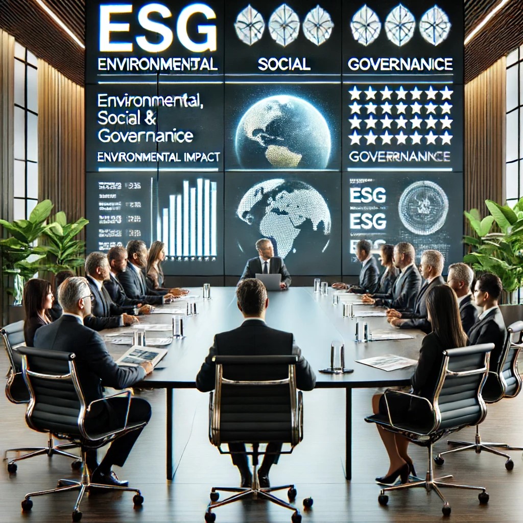 DALL·E 2024-06-15 17.52.59 - A modern corporate boardroom meeting focused on ESG (Environmental, Social, Governance) criteria. The scene should depict a diverse group of executive