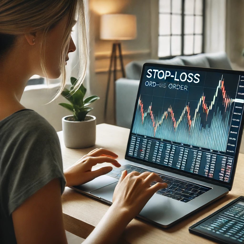 DALL·E 2024-06-14 16.57.53 - An investor setting a stop-loss order on a digital trading platform. The screen displays a detailed graph of stock prices with a marked stop-loss poin