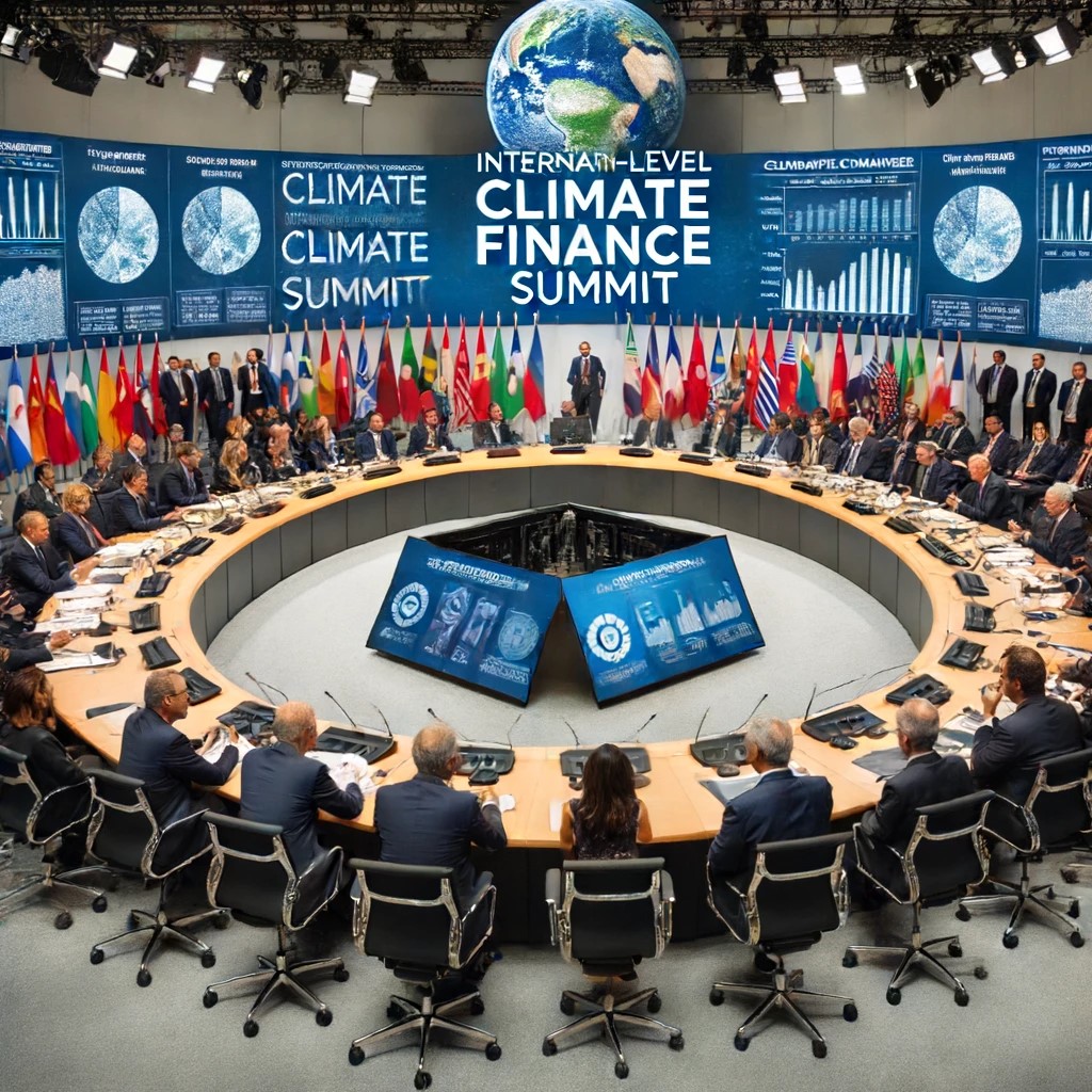 DALL·E 2024-06-17 20.34.34 - A high-level international climate finance summit, showing leaders from various countries gathered around a large conference table discussing funding 