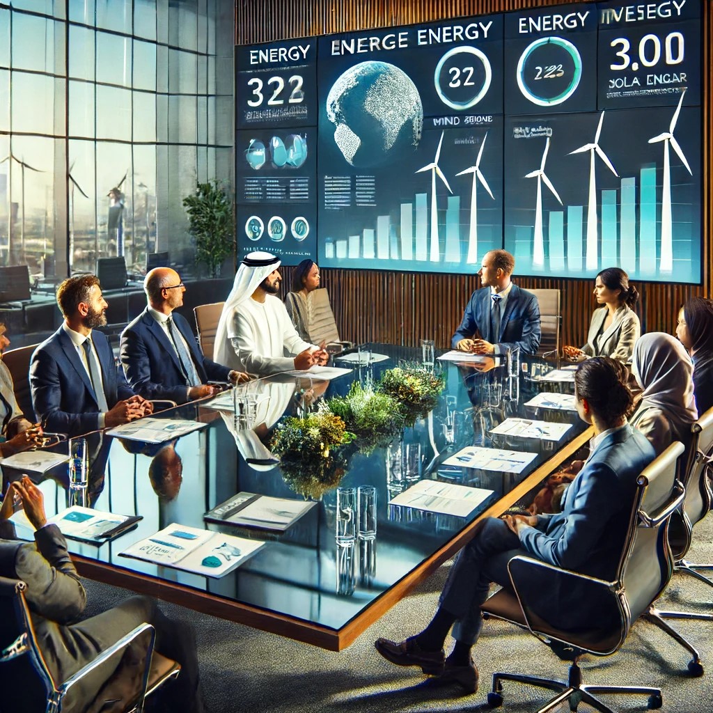 DALL·E 2024-06-17 20.34.36 - A renewable energy investment meeting in a corporate boardroom. The scene shows a group of executives and environmental specialists discussing investm