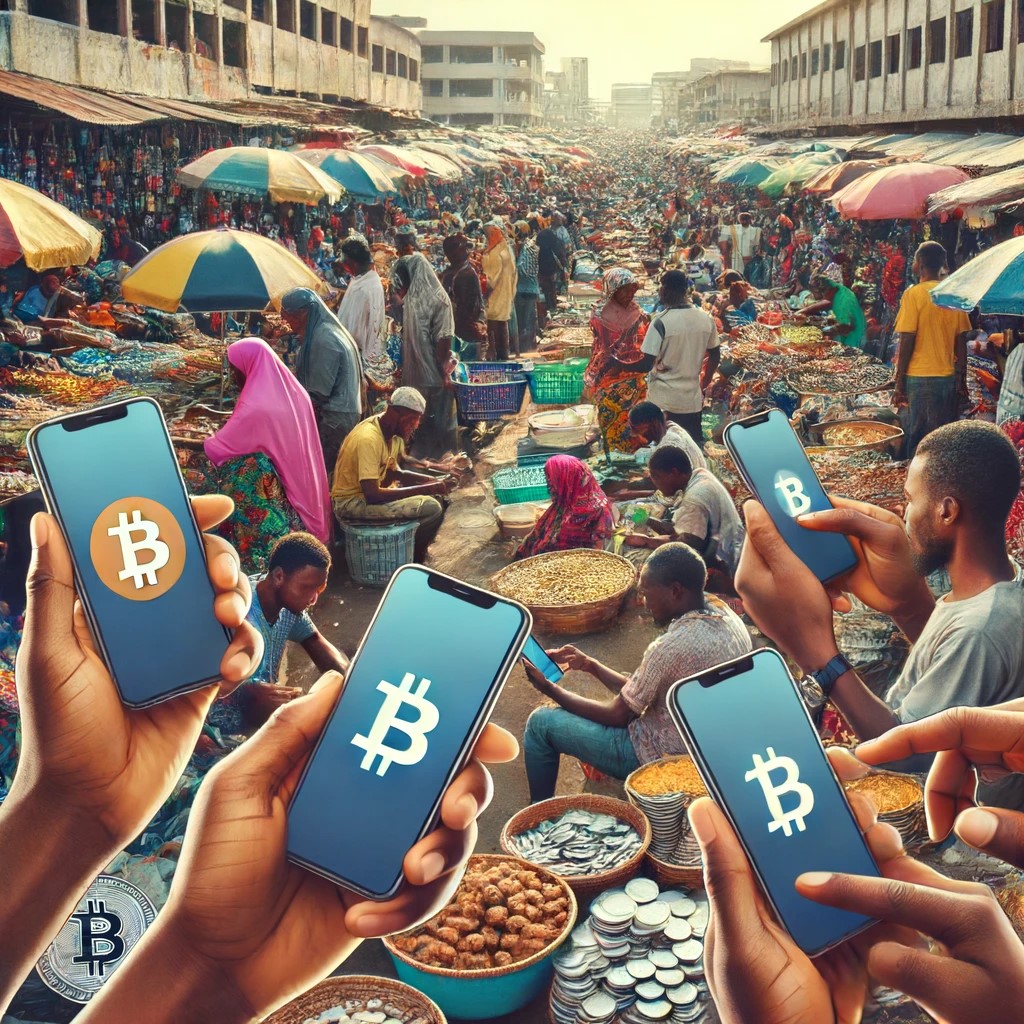 DALL·E 2024-06-14 16.54.11 - A bustling market scene in Nigeria with people using smartphones to make transactions with cryptocurrencies. The market is vibrant, filled with colorf