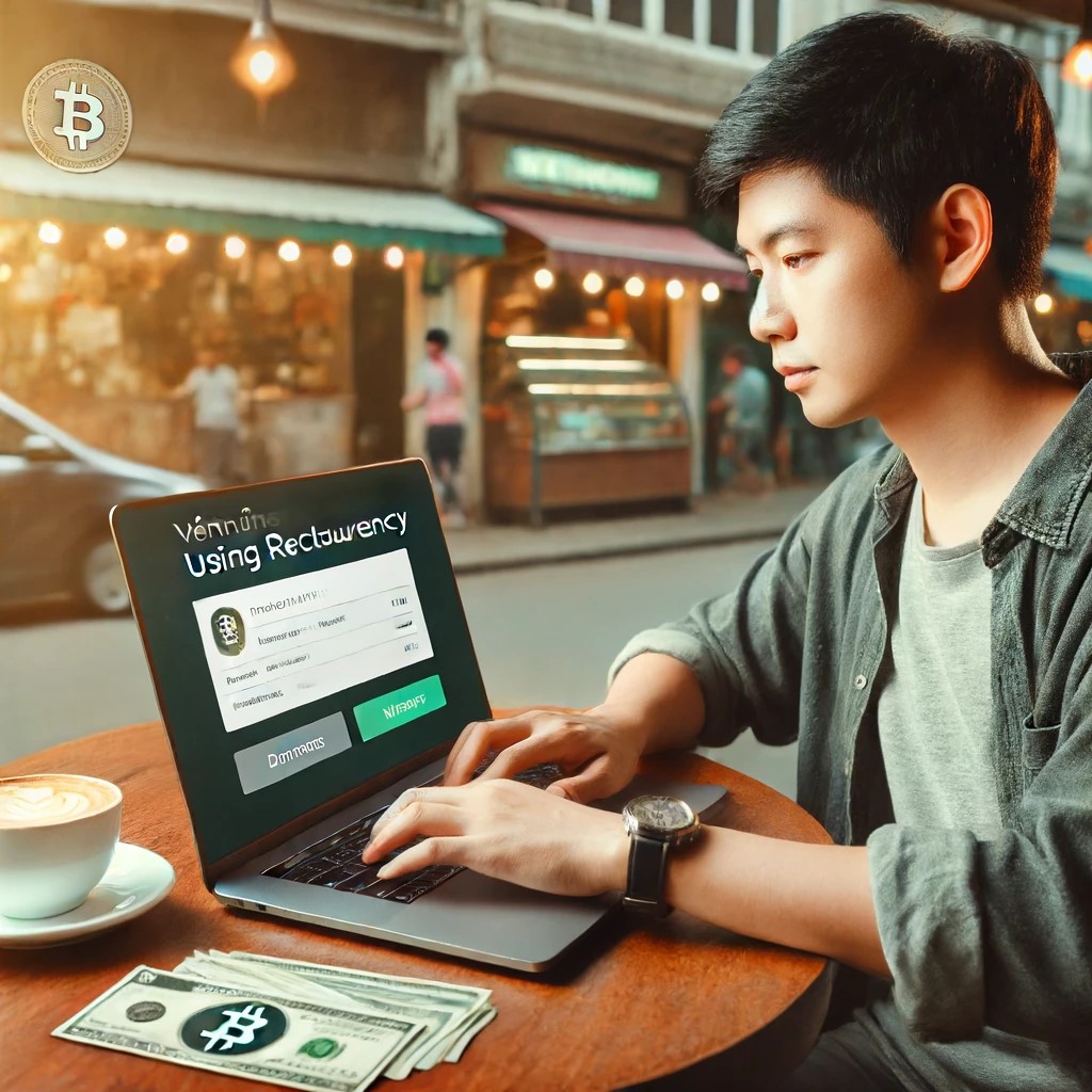 DALL·E 2024-06-14 16.54.13 - A person from Vietnam sending remittances using cryptocurrency, sitting at a cafe with a laptop open. The individual is Asian, young, wearing casual c