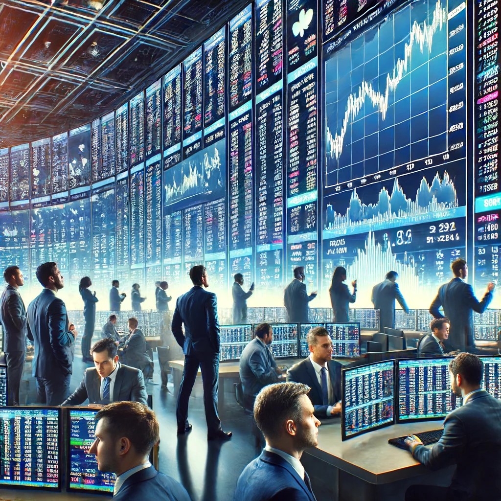 DALL·E 2024-06-15 19.15.19 - A dynamic trading floor scene showcasing traders actively engaging in forex trading. The environment is bustling with large digital screens displaying