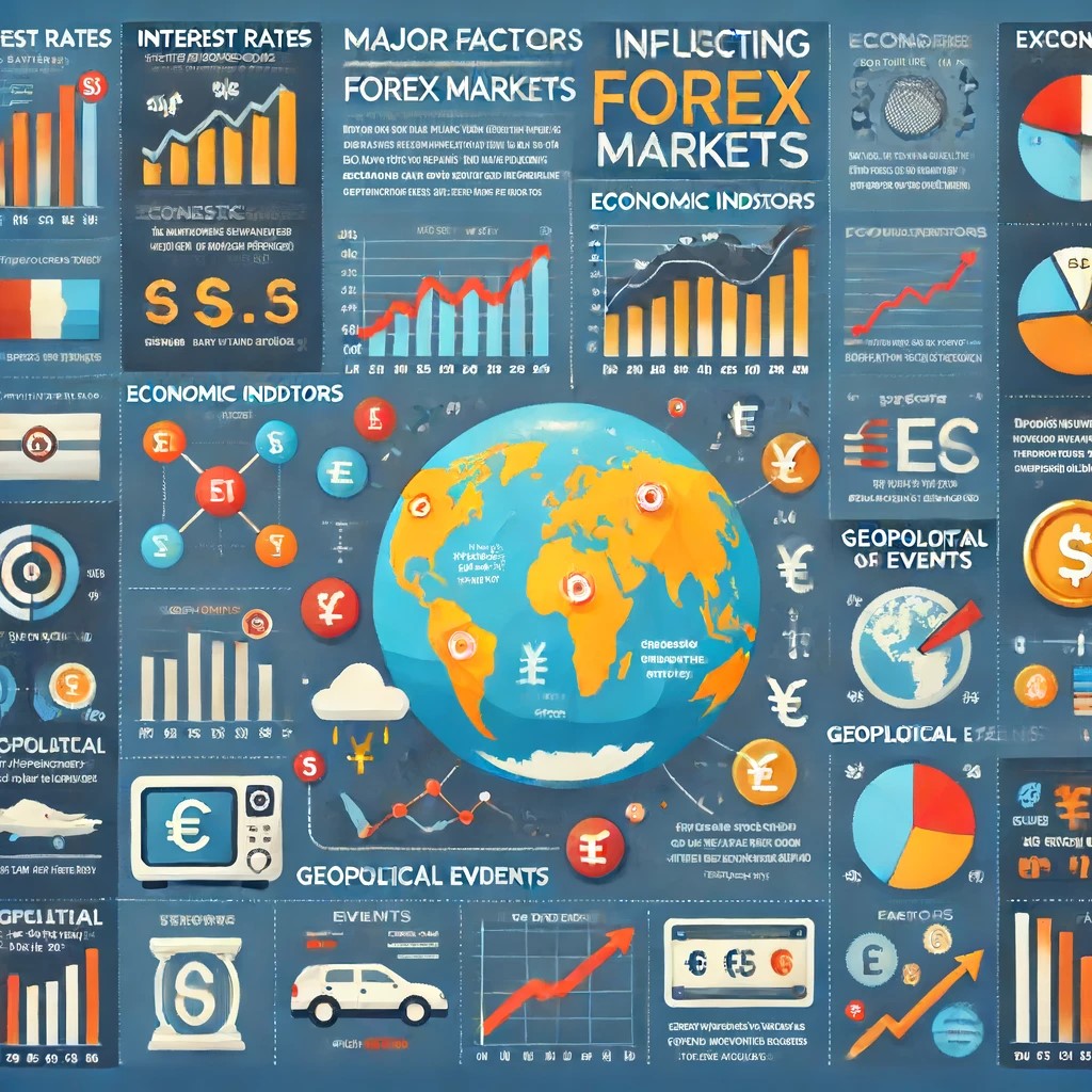 DALL·E 2024-06-15 19.15.22 - An infographic illustrating the major factors influencing forex markets, including interest rates, economic indicators, and geopolitical events. The i