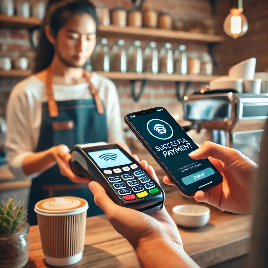 DALL·E 2024-06-15 20.50.31 - A customer using a mobile payment app at a coffee shop, showing the transaction being processed on their smartphone. The scene includes the customer, 