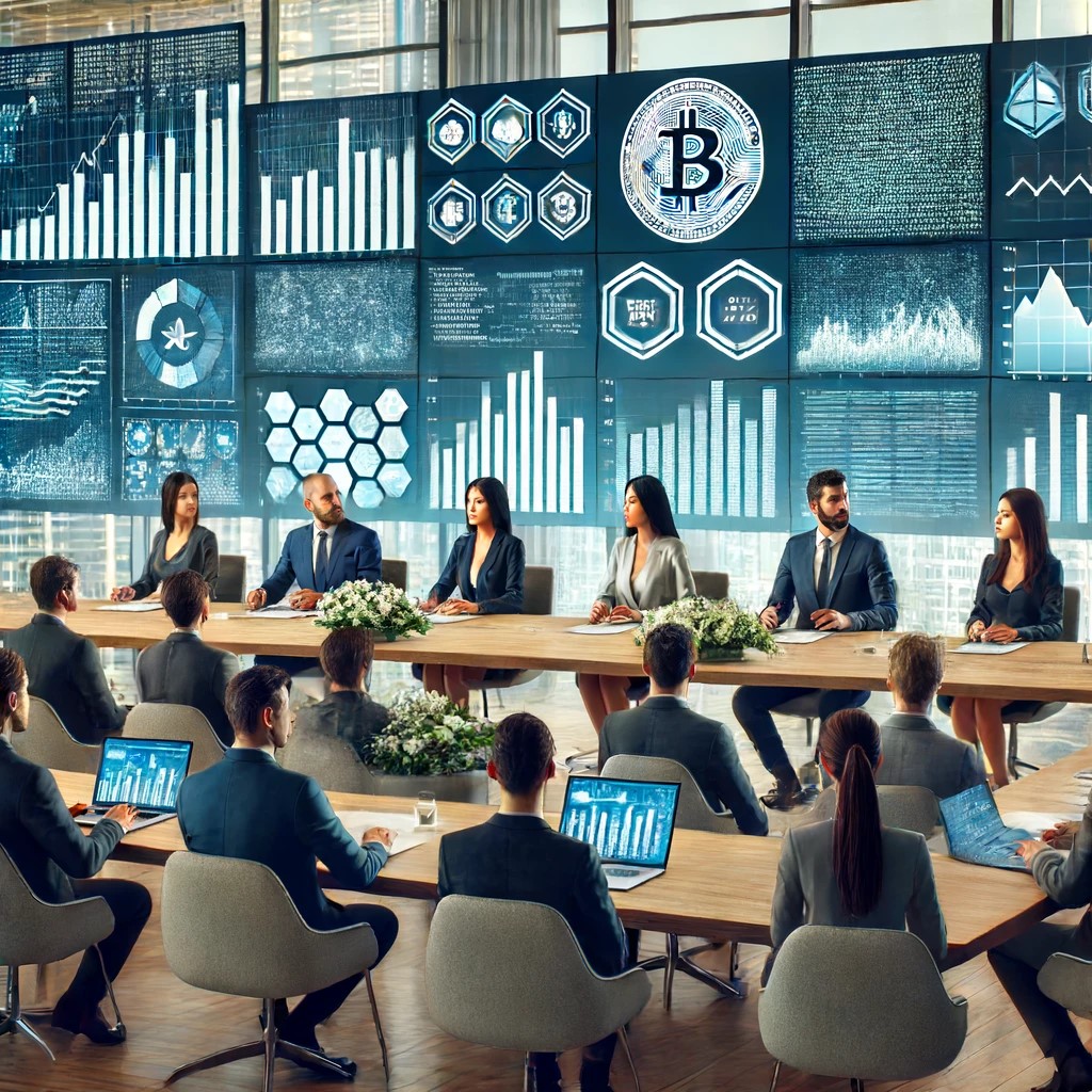 DALL·E 2024-06-18 20.39.32 - A modern financial conference where experts discuss the future of cryptocurrency. The scene includes a diverse panel of speakers_ an Asian woman, a Ca