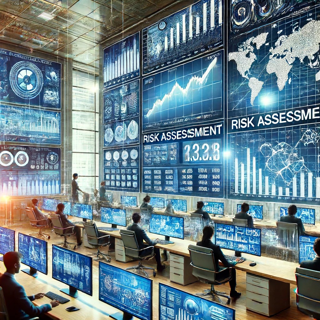 DALL·E 2024-06-19 00.03.06 - A high-tech financial office with multiple screens displaying risk assessment tools and algorithms. Financial analysts are seen interacting with the s