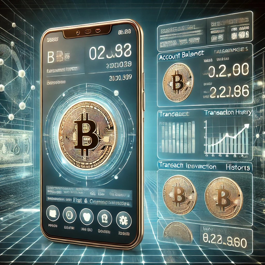 DALL·E 2024-07-03 16.06.09 - A futuristic digital wallet interface displayed on a smartphone screen, showcasing seamless integration of both fiat and cryptocurrency accounts. The 