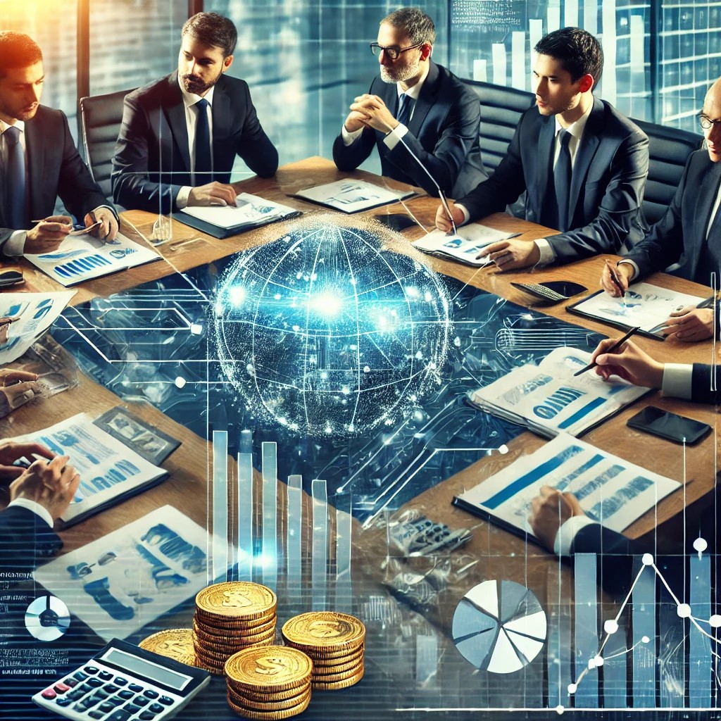 DALL·E 2024-07-29 03.25.24 - A group of financial regulators in a meeting room discussing new financial laws, with charts and documents on the table and a digital screen showing r