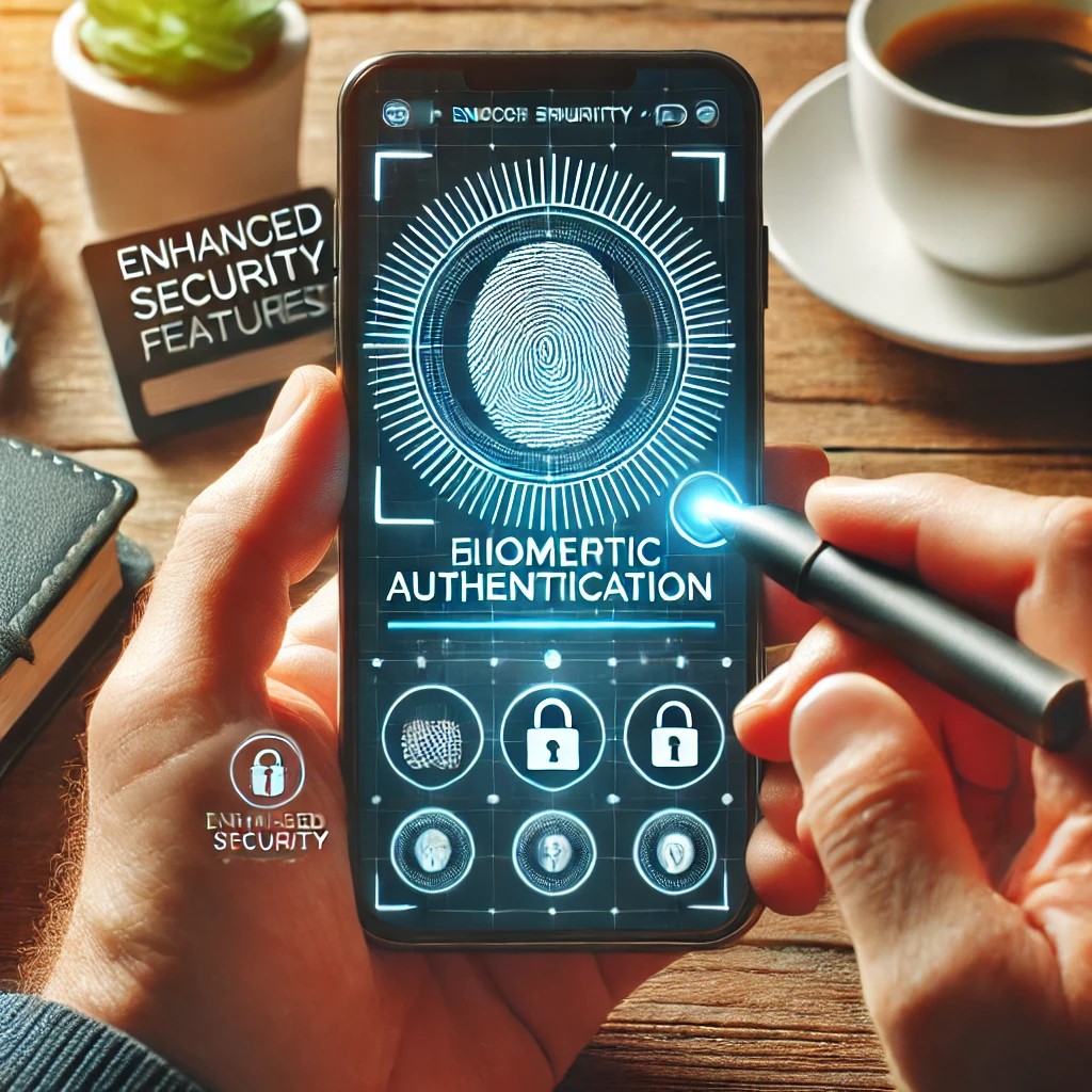 DALL·E 2024-07-29 03.29.35 - A person using a smartphone with biometric authentication to access a secure financial app, showing enhanced security features like fingerprint recogn