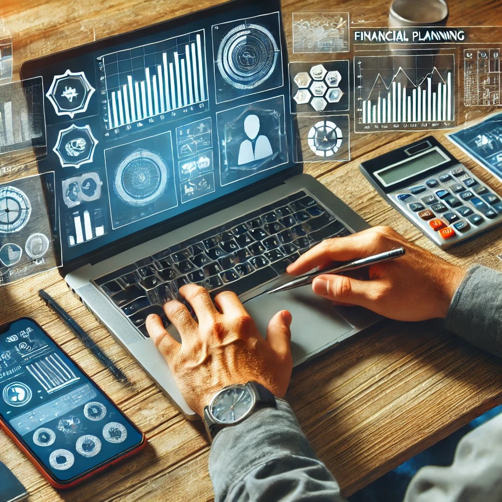 DALL·E 2024-07-29 03.37.12 - A person working at a desk with multiple devices, including a laptop and smartphone, using financial planning apps and tools, with charts and graphs d