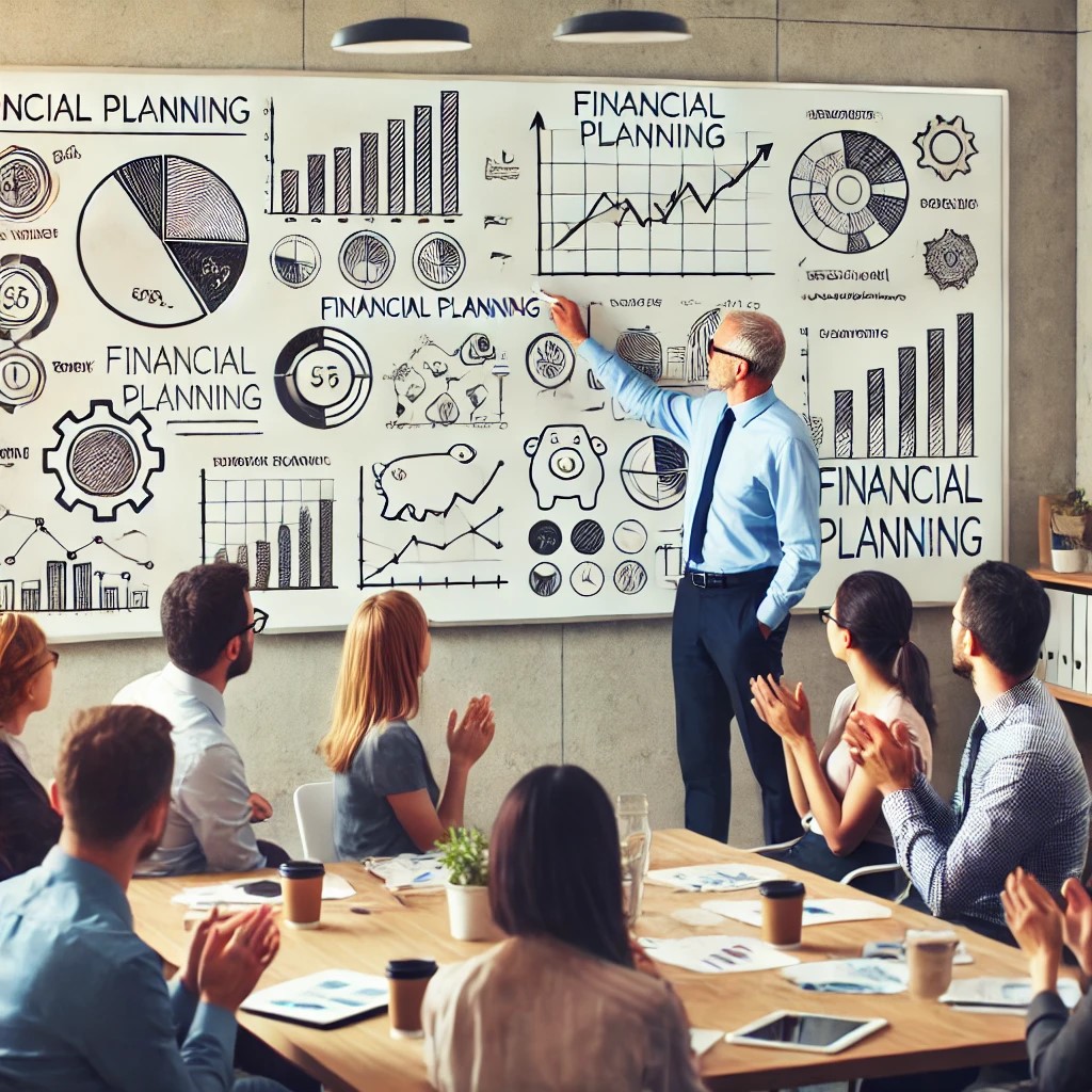 DALL·E 2024-07-29 03.37.15 - A diverse group of people attending a financial planning workshop, with a presenter explaining concepts using charts and graphs on a whiteboard